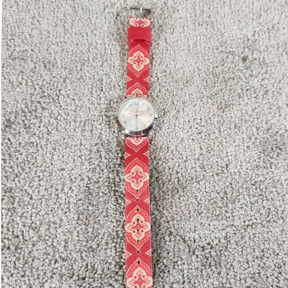 Vera Bradley Watch Red White Patterned Strap Silver Tone Bezel Womens